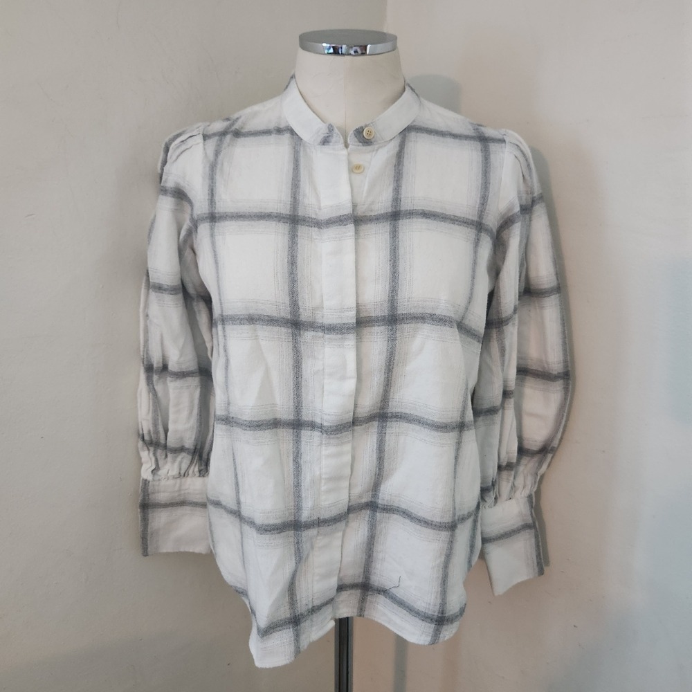 Banana Republic Petite White Grey Windowpane‎ Plaid Puff Sleeve Blouse S Small